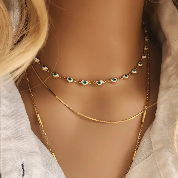 FP Designer Artisan Blue Evil Eye Gold Heart 14k Goldplated Choker Chain
